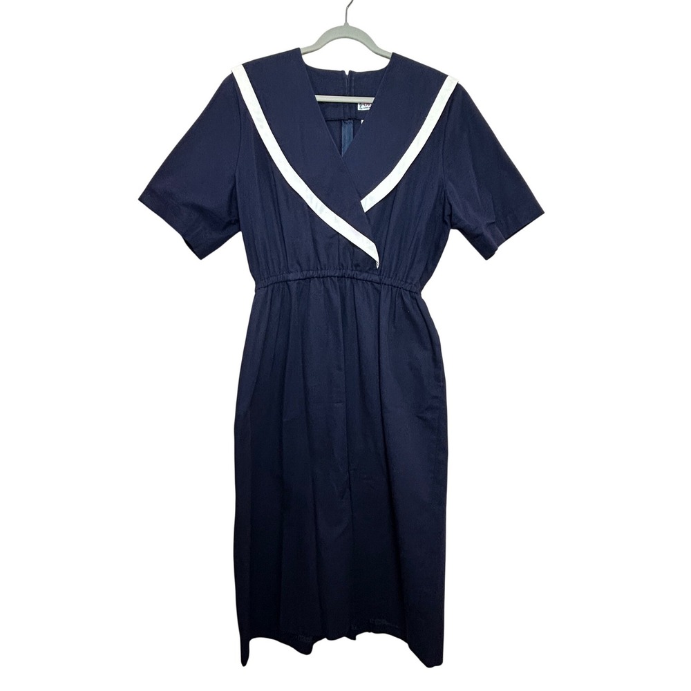 Orvis Sailor Dress Womens 18 Navy Blue Vintage Cotton Midi Nautical Coastal 80s